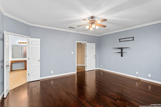3415 Highline, San Antonio, TX 78261 - unfurnished bedroom with hardwood / wood-style flooring, ornamental molding, a ceiling fan, and connected bathroom