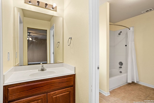 3415 Highline, San Antonio, TX 78261 - bathroom with shower / tub combo with curtain, vanity, and tile patterned floors