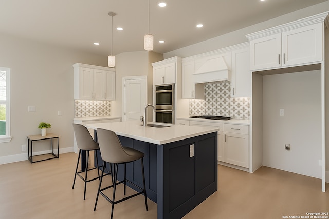 455 S Hackberry, New Braunfels, TX 78130 - kitchen featuring double oven, decorative backsplash, white cabinetry, black electric cooktop, and recessed lighting