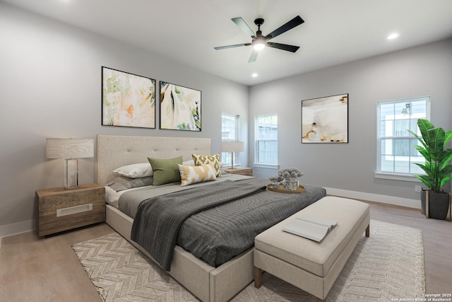 455 S Hackberry, New Braunfels, TX 78130 - bedroom featuring recessed lighting, light wood-type flooring, and a ceiling fan