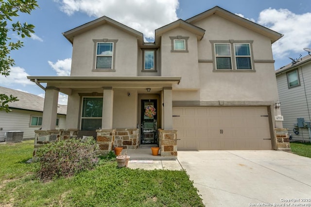 6723 Dashmoor, San Antonio, TX 78244 - traditional-style house with stucco siding, a garage, a porch, concrete driveway, and stone siding