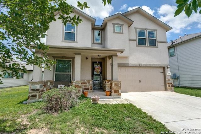 6723 Dashmoor, San Antonio, TX 78244 - view of front facade featuring stucco siding, an attached garage, concrete driveway, and stone siding