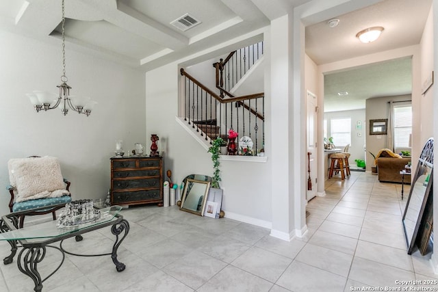 6723 Dashmoor, San Antonio, TX 78244 - stairway featuring tile patterned floors and a chandelier