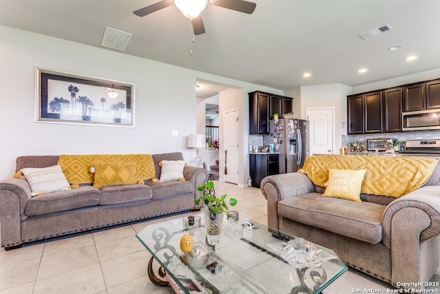 6723 Dashmoor, San Antonio, TX 78244 - living room featuring light tile patterned floors, a ceiling fan, and recessed lighting
