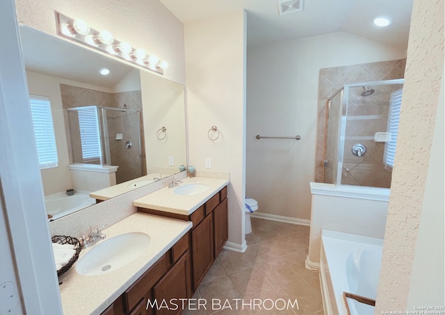 4018 Matson Mnr, Converse, TX 78109 - bathroom featuring a garden tub, vanity, a stall shower, and lofted ceiling