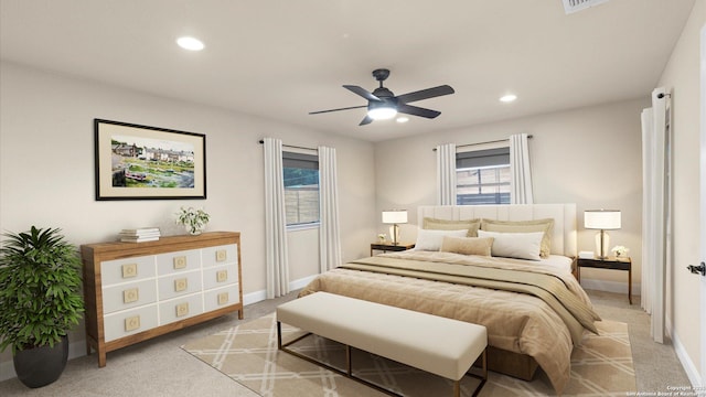 1069 Ivy Ln, Terrell Hills, TX 78209 - bedroom with light colored carpet, recessed lighting, and a ceiling fan