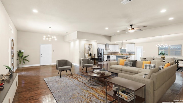 1069 Ivy Ln, Terrell Hills, TX 78209 - living room featuring a chandelier, a ceiling fan, recessed lighting, and dark wood-style floors