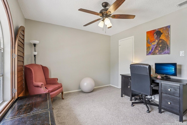 2019 Crooked, San Antonio, TX 78232 - carpeted home office featuring ceiling fan and a textured ceiling