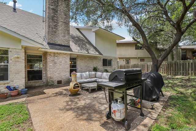2019 Crooked, San Antonio, TX 78232 - view of patio featuring an outdoor living space and a grill
