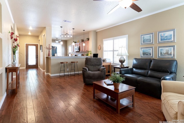 12610 Lotus Rdg, San Antonio, TX 78253 - living room with dark wood-type flooring, plenty of natural light, ceiling fan, and crown molding