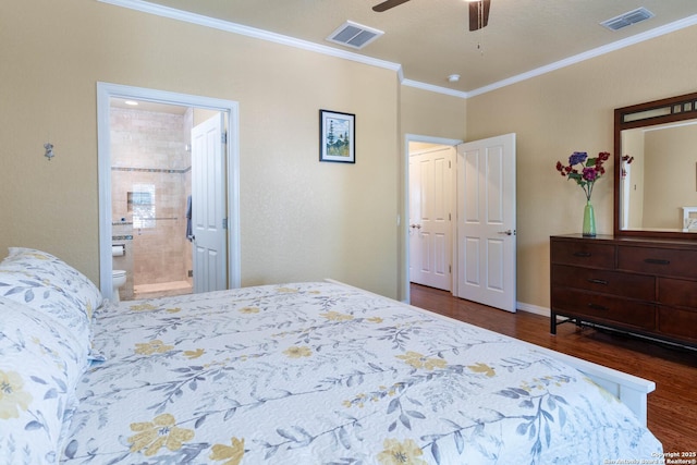 12610 Lotus Rdg, San Antonio, TX 78253 - bedroom with crown molding, wood finished floors, connected bathroom, and ceiling fan