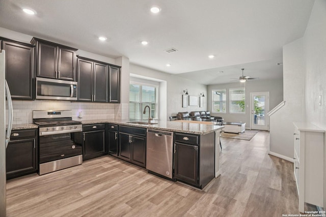 4931 Ranahan Pass, Saint Hedwig, TX 78152 - kitchen with stainless steel appliances, a peninsula, light wood-style floors, plenty of natural light, and recessed lighting