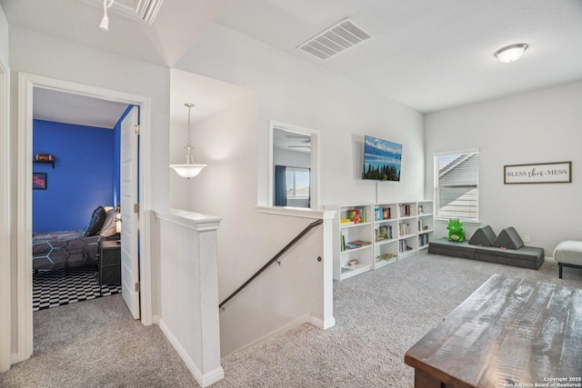 4931 Ranahan Pass, Saint Hedwig, TX 78152 - hallway with an upstairs landing, carpet, and healthy amount of natural light