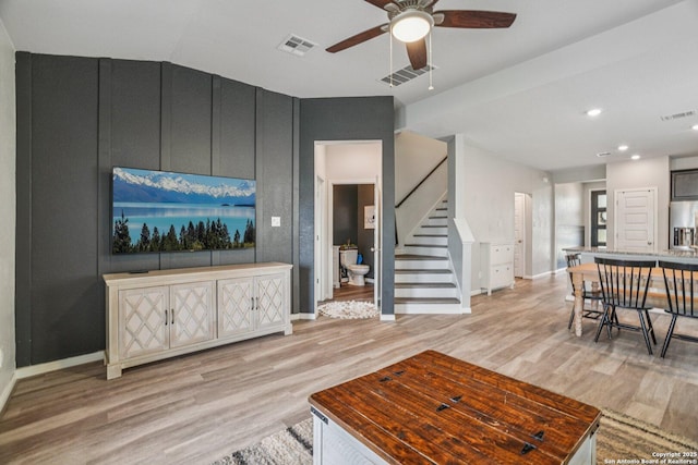 4931 Ranahan Pass, Saint Hedwig, TX 78152 - living area with ceiling fan, light wood-style floors, stairway, and recessed lighting
