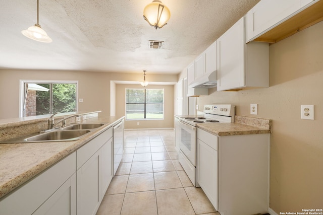 4938 Fairford, San Antonio, TX 78228 - kitchen featuring white appliances, under cabinet range hood, white cabinets, decorative light fixtures, and a textured ceiling
