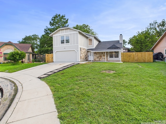 7007 Elk Trl, San Antonio, TX 78244 - view of front facade featuring an attached garage, driveway, stone siding, a chimney, and board and batten siding