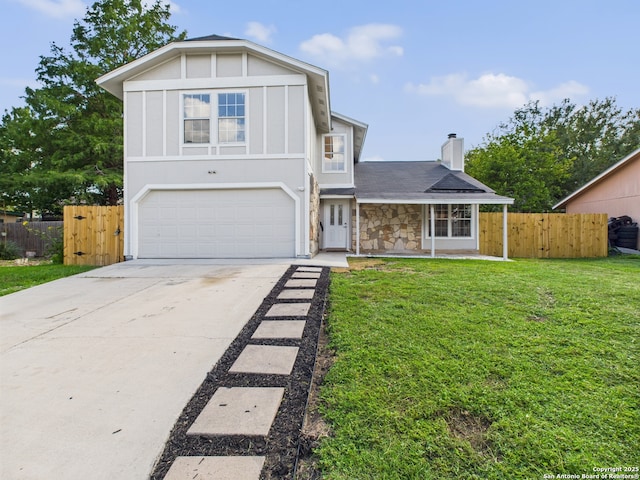 7007 Elk Trl, San Antonio, TX 78244 - view of front of house with a garage, driveway, a chimney, and stone siding