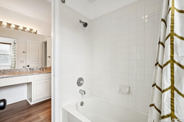 1159 Bluff Frst, San Antonio, TX 78248 - full bathroom featuring shower / bath combination with curtain, wood finished floors, and vanity