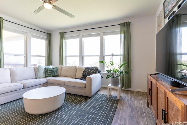 5944 Sterling Vw, Schertz, TX 78108 - living room featuring a ceiling fan and dark wood finished floors