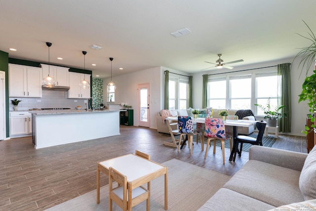 5944 Sterling Vw, Schertz, TX 78108 - living area with a ceiling fan, wood finished floors, and recessed lighting