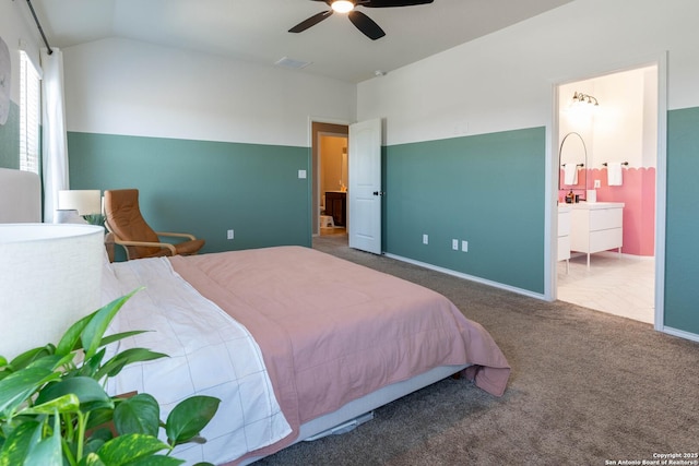 5944 Sterling Vw, Schertz, TX 78108 - carpeted bedroom with ensuite bath, ceiling fan, and vaulted ceiling