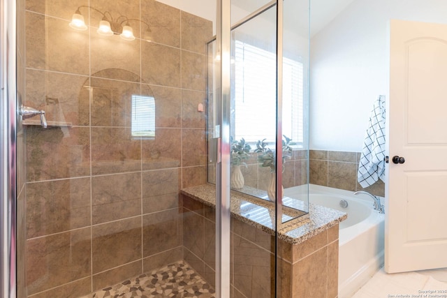 5944 Sterling Vw, Schertz, TX 78108 - full bath with a bath, a shower stall, healthy amount of natural light, and lofted ceiling