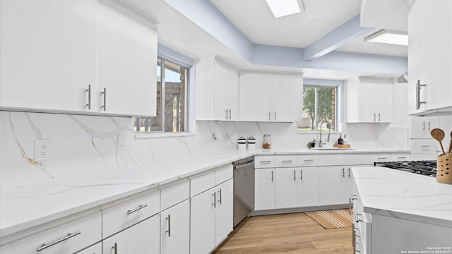 1318 Mount Vieja, San Antonio, TX 78213 - kitchen with dishwasher, decorative backsplash, white cabinetry, light wood-type flooring, and light stone countertops