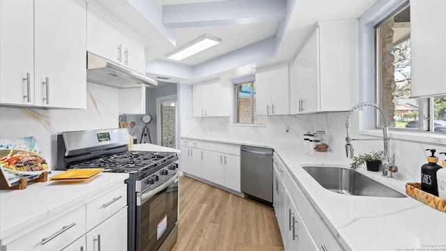 1318 Mount Vieja, San Antonio, TX 78213 - kitchen featuring stainless steel appliances, under cabinet range hood, and white cabinetry