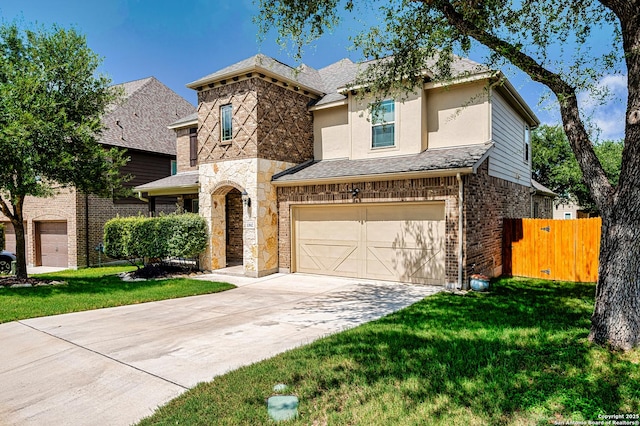 13942 Evelina, San Antonio, TX 78253 - view of front facade featuring a garage, concrete driveway, stone siding, and brick siding