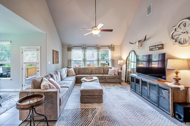 13942 Evelina, San Antonio, TX 78253 - tiled living room featuring ceiling fan and high vaulted ceiling