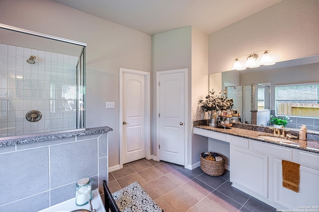 13942 Evelina, San Antonio, TX 78253 - full bathroom featuring tiled shower, vanity, tile patterned flooring, and a bath