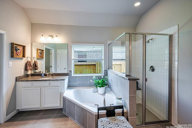 13942 Evelina, San Antonio, TX 78253 - bathroom with a garden tub, vanity, a shower stall, tile patterned floors, and lofted ceiling
