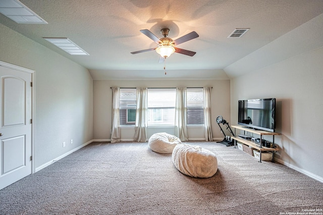 13942 Evelina, San Antonio, TX 78253 - carpeted living area with ceiling fan and a textured ceiling