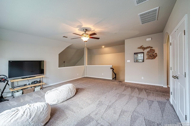13942 Evelina, San Antonio, TX 78253 - carpeted living room with ceiling fan and vaulted ceiling