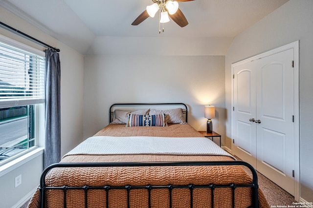 13942 Evelina, San Antonio, TX 78253 - carpeted bedroom featuring lofted ceiling, ceiling fan, and a closet