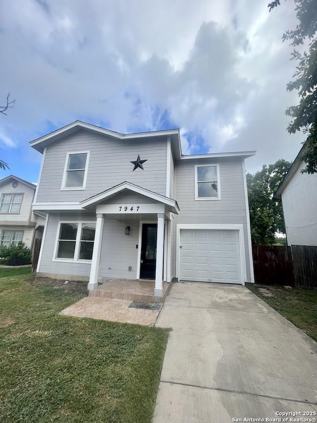 7947 Ruby Mdws, San Antonio, TX 78251 - traditional-style home with an attached garage, concrete driveway, and a porch