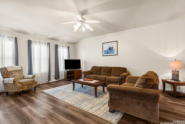 9235 Everton, San Antonio, TX 78245 - living room with ceiling fan, wood finished floors, and vaulted ceiling