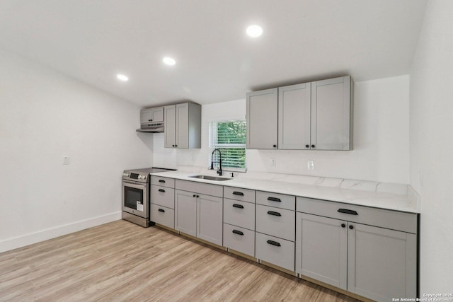 937 Anderson, Seguin, TX 78155 - kitchen featuring stainless steel electric range, gray cabinetry, light wood-style flooring, under cabinet range hood, and recessed lighting