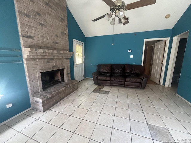 5212 Vinecrest, Kirby, TX 78219 - living area featuring lofted ceiling, ceiling fan, light tile patterned floors, and a fireplace