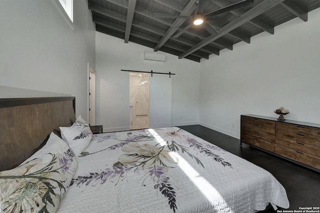 5738 Brenda Ln, San Antonio, TX 78240 - bedroom featuring a barn door, a wooden ceiling with exposed beams, wood finished floors, an AC wall unit, and high vaulted ceiling