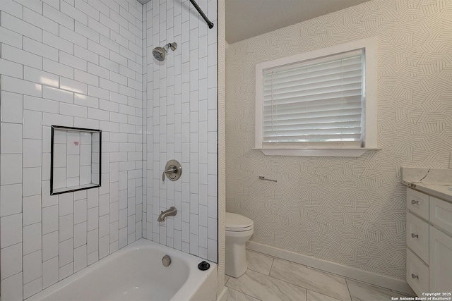 5738 Brenda Ln, San Antonio, TX 78240 - full bathroom with wallpapered walls, vanity, and shower / bathtub combination