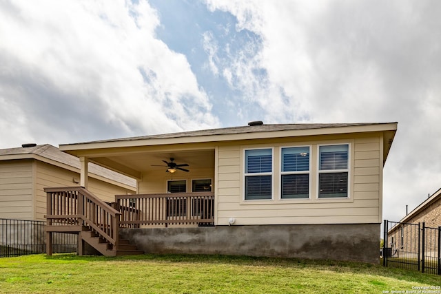 13119 Sulphur Trl, San Antonio, TX 78253 - rear view of property with a ceiling fan and stairway