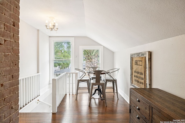 133 E Mistletoe Ave, San Antonio, TX 78212 - dining room with dark wood-style floors, lofted ceiling, a chandelier, and a textured ceiling