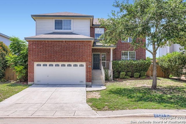 2727 Encino Riv, San Antonio, TX 78259 - traditional home with an attached garage, brick siding, and concrete driveway