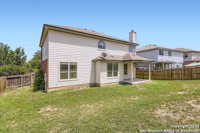2727 Encino Riv, San Antonio, TX 78259 - back of house featuring a fenced backyard, a chimney, and a patio