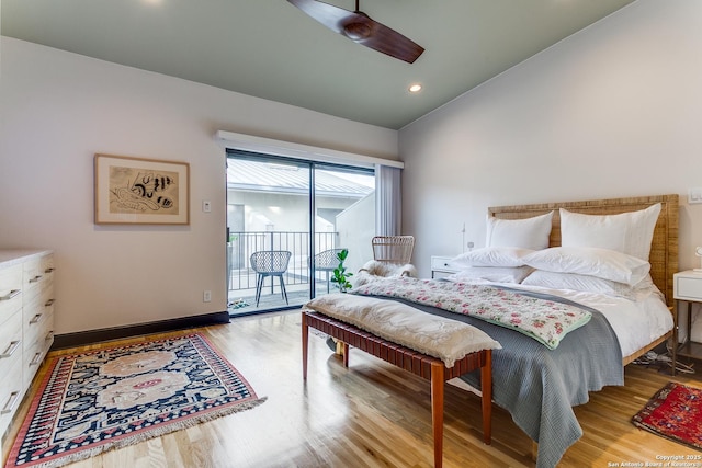 117 Saint Dennis Unit 117, San Antonio, TX 78209 - bedroom featuring access to outside, light wood finished floors, lofted ceiling, a ceiling fan, and recessed lighting