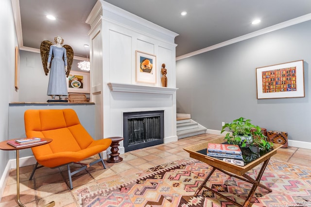 117 Saint Dennis Unit 117, San Antonio, TX 78209 - living area with ornamental molding, recessed lighting, a fireplace, and stairway