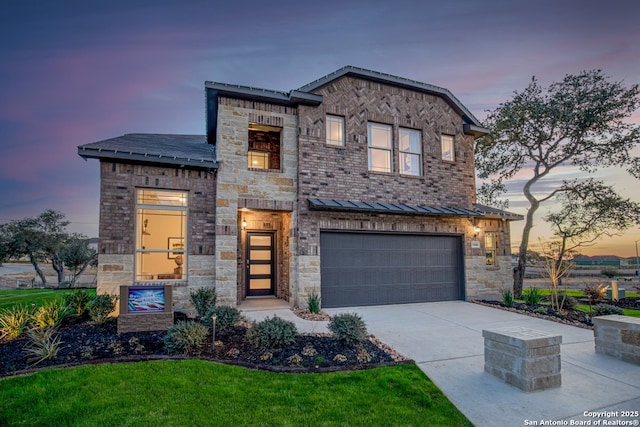 9354 Luke Path, San Antonio, TX 78254 - view of front of house with an attached garage, driveway, and stone siding
