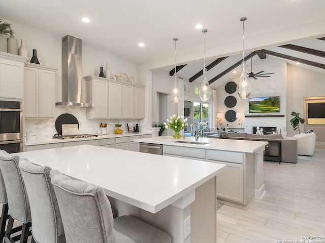 25022 Dulzura, San Antonio, TX 78261 - kitchen featuring wall chimney range hood, a kitchen island with sink, tasteful backsplash, stainless steel appliances, and light countertops