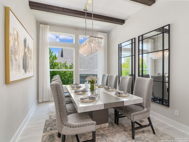 25022 Dulzura, San Antonio, TX 78261 - dining area with beamed ceiling and a chandelier